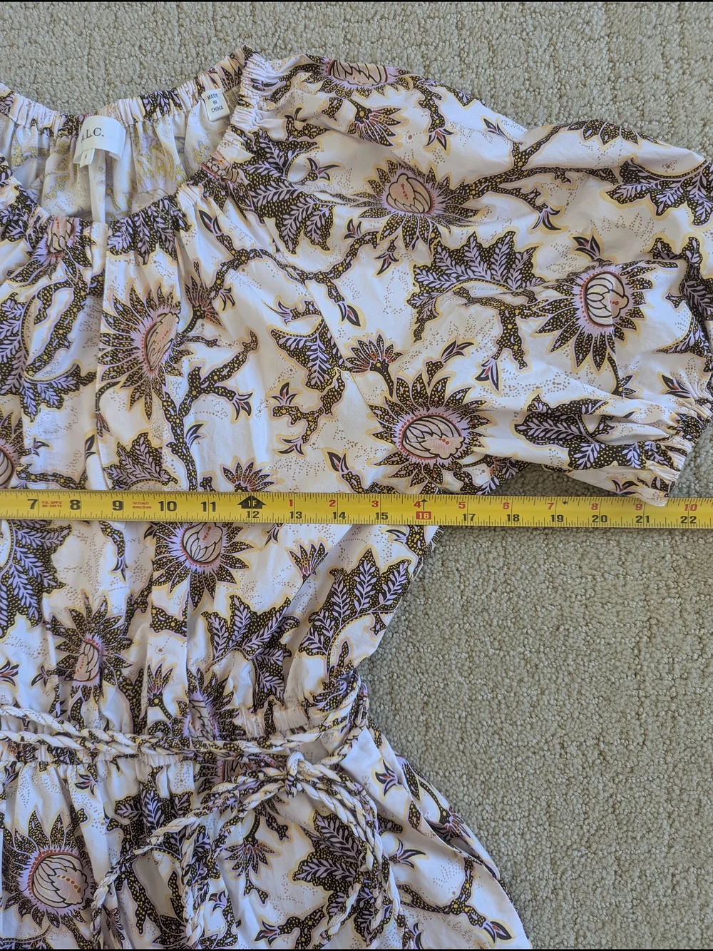 ALC Floral Mini Dress 6 Puff Sleeve Sunflower Waist Tie Cotton Poplin Boho - Picture 6 of 8